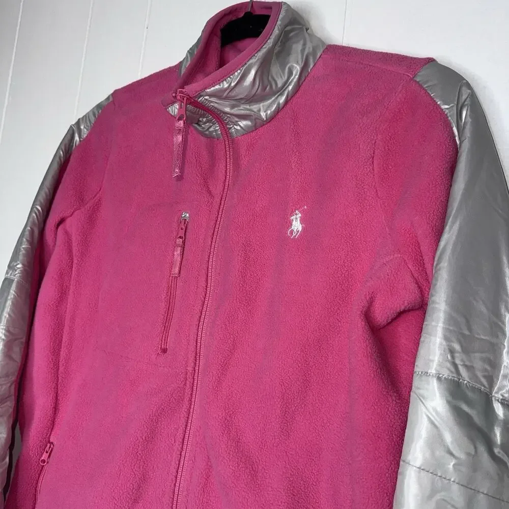 Ralph Lauren Girl’s Fleece Zip Up Jacket Pink Silver Size XL (16) NWT